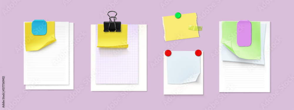 Poster colored paper notes collection pinned with binder clips and magnets - sheets with curled corner, squ