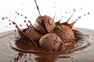 Delicious chocolate ice cream scoops falling into rich melted chocolate, creating a dynamic splash. Perfect for dessert marketing, food advertisements, and indulgent visuals.