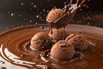 Delicious chocolate ice cream scoops falling into rich melted chocolate, creating a dynamic splash. Perfect for dessert marketing, food advertisements, and indulgent visuals.