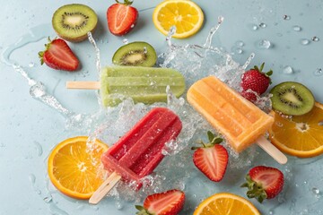 Bright and colorful fruit popsicles dropping into water with splashes and fresh fruit slices. A dynamic and refreshing summer-themed visual