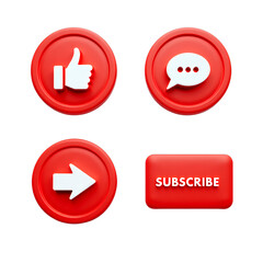 Red Social Media Icons: Like, Comment, Share, Subscribe. Transparent Background.