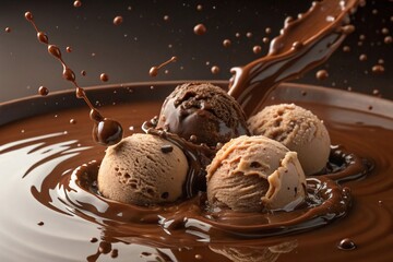 Delicious chocolate ice cream scoops falling into rich melted chocolate, creating a dynamic splash. Perfect for dessert marketing, food advertisements, and indulgent visuals.