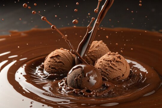 Delicious chocolate ice cream scoops falling into rich melted chocolate, creating a dynamic splash. Perfect for dessert marketing, food advertisements, and indulgent visuals.
