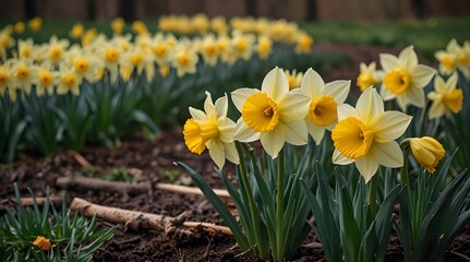 Yellow Daffodils In The Spring Garden Perfect For The Background Or Postcard Creating Spring Atmosphere Daffodils In The Spring Rainy Day Spring Background Daffodils Background. generative.ai