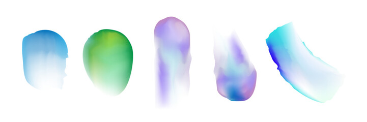 Watercolour brushstroke shapes. Translucent paint splotches. Colorful abstract artistic watercolor stain elements, flowing liquid ink splashes on white background for creative design projects.