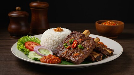 Indonesian grilled beef ribs with rice, sambal, and fresh vegetables served on a rustic plate
