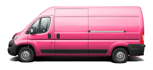 Side view of a modern pink long-wheelbase cargo minibus. Isolated on a transparent background, in PNG format.
