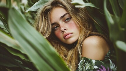 Naklejka premium Portrait of a Young Woman with Freckles in a Lush Green Cornfield