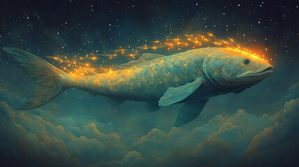 Glowing Pixelated Whale in Starry Night Sky Above Clouds