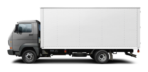 Classic European delivery truck with white van and gray cabin. Side view isolated on white background.