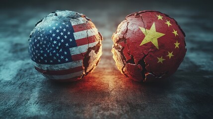 Tension between countries reflected in cracked spheres representing the United States and China