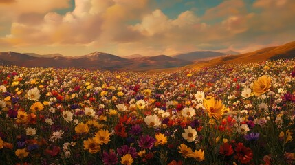 Fototapeta premium Colorful Wildflower Meadow Sunset Mountains