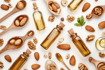 Nut Oil Bottles Elegant glass bottles of walnut and almond oil, surrounded by fresh nuts on a white surface