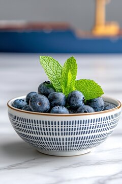 Fresh Blueberries with Mint in Blue and White Bowl