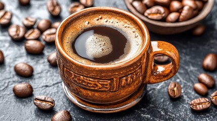 Aromatic dark coffee in rustic cup, surrounded by roasted beans