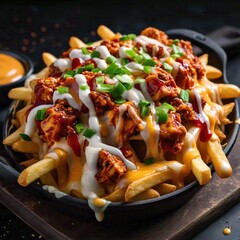 A serving of loaded fries topped with melted cheese, spicy chicken chunks, and tangy sauces 3