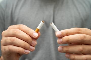 Quit smoking, Asian teenage man breaking destroy cigarette in hand.