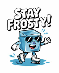 Funny Ice Cube Cartoon Character Skating with Sunglasses and the Saying 'Stay Frosty'