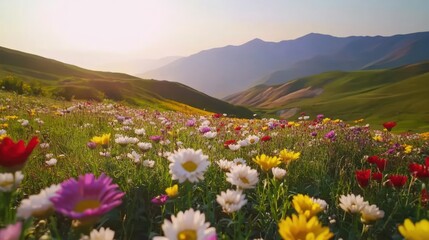 Fototapeta premium Colorful wildflowers bloom in mountain valley at sunrise