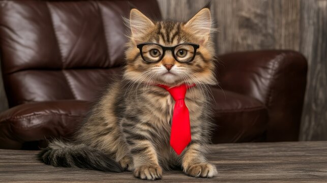 Adorable Kitten in Glasses and Red Tie Posing on Wooden Table near Leather Chair