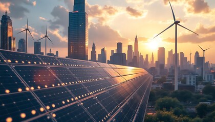 Renewable Energy Powering City Skyline with Solar Panels and Wind Turbines