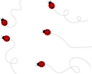 Cute ladybug icon set. ladybug characters collection. Flying cartoon ladybug with dotted path. Ladybugs flying on dotted route. Insects group. Vector illustration isolated on white.