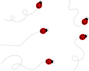Cute ladybug icon set. ladybug characters collection. Flying cartoon ladybug with dotted path. Ladybugs flying on dotted route. Insects group. Vector illustration isolated on white.