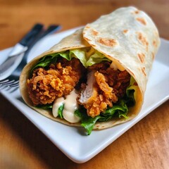 A serving of zinger wrap filled with crispy fried chicken, lettuce, and mayo wrapped in a tortilla 3