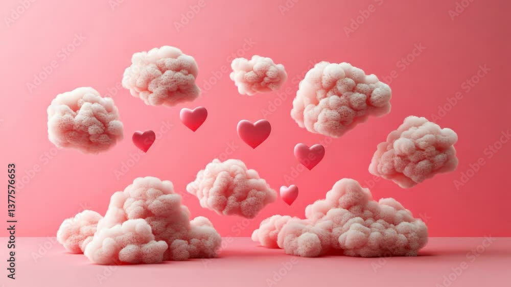Poster floating pink clouds and hearts create a whimsical atmosphere in a playful setting