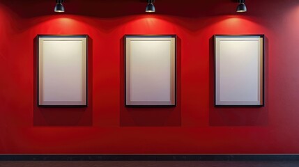 Three minimalist frames against a bold red wall, highlighted by three spotlights