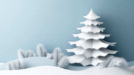 Paper christmas tree with detailed paper scenery illustrations on a blue background with copy space for text
