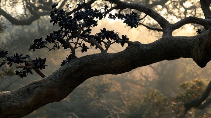 Misty forest branch with dark berries