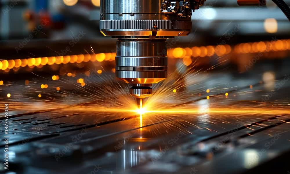 Aufkleber a close-up view of a laser cutter in action, creating sparks and glowing.