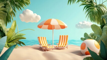 Obraz premium Summer flash sale promotion with beach scene; sand, chairs, umbrella, ball