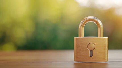 Fototapeta premium A close-up image of a shiny golden padlock on a wooden surface, set against a softly blurred green background.