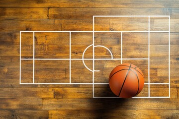 Basketball court markings on a wooden floor. A basketball rests centrally on the court