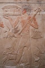 Mural from the mastaba of the Egyptian vizier Mereruka showing a man as part of funerary offering procession,  carrying fowl and meat and two calfs on a rope