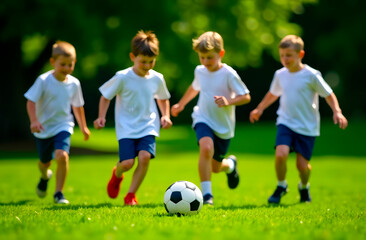 Four young soccer players sprinting across a sunny field, eagerly chasing after the ball on a vibrant summer day filled with energy