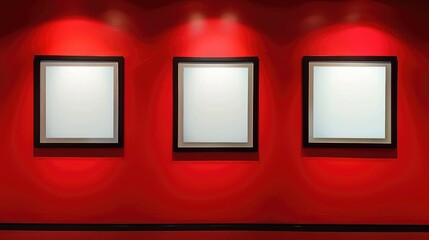  Three minimalist frames on a red wall, each spotlighted individually,