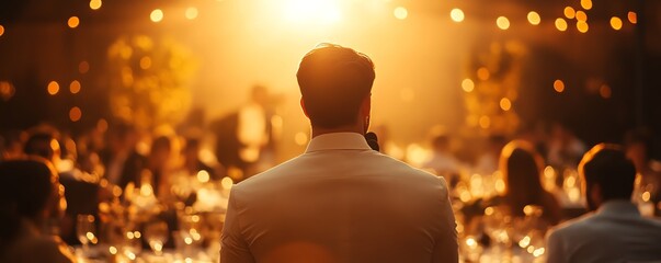 A CEO giving a speech at a gala dinner