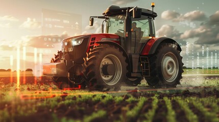 A modern red tractor working on a field, showcasing advanced technology and industrial farming practices.