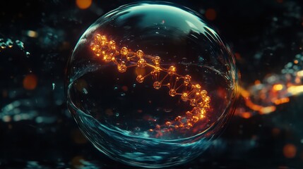 Abstract sphere, DNA chain, glowing molecules