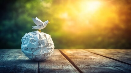 Bird on crumpled paper, nature background