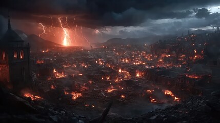 Desolate city ablaze, lightning strikes