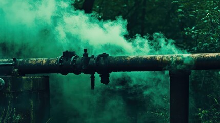 Rusty pipe and green smoke in a forest