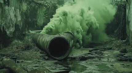 Decaying Industrial Pipe, Green Smoke, Abandoned Factory