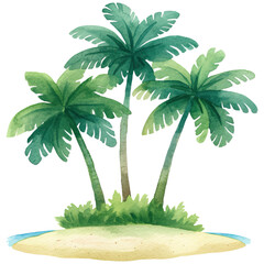 Three lush green palm trees atop a sandy island, evoking a tropical paradise vibe.