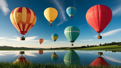 Obraz premium A breathtaking scene of vibrant hot air balloons floating gracefully in a clear blue sky, perfect for adventure and travel lovers.