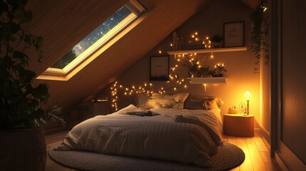 a cozy attic room with a sloped ceiling, fairy lights, and a soft bed under a skylight, where stars are visible at night.