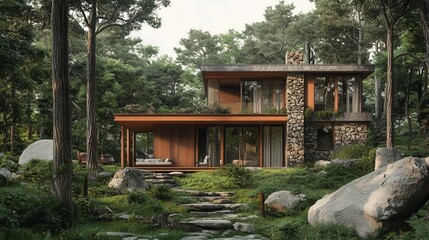 a cozy eco-home nestled in a dense forest, built with sustainable wood and stone. The house blends harmoniously with the natural surroundings. 